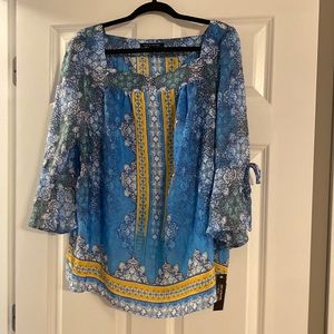 NWT! Blouse - muted blue shades with yellow trim